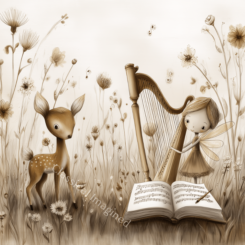Deer and Fairy with Harp Nursery Art Print – Square Digital Download