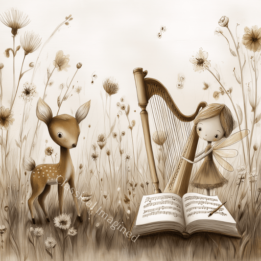 Deer and Fairy with Harp Nursery Art Print – Square Digital Download